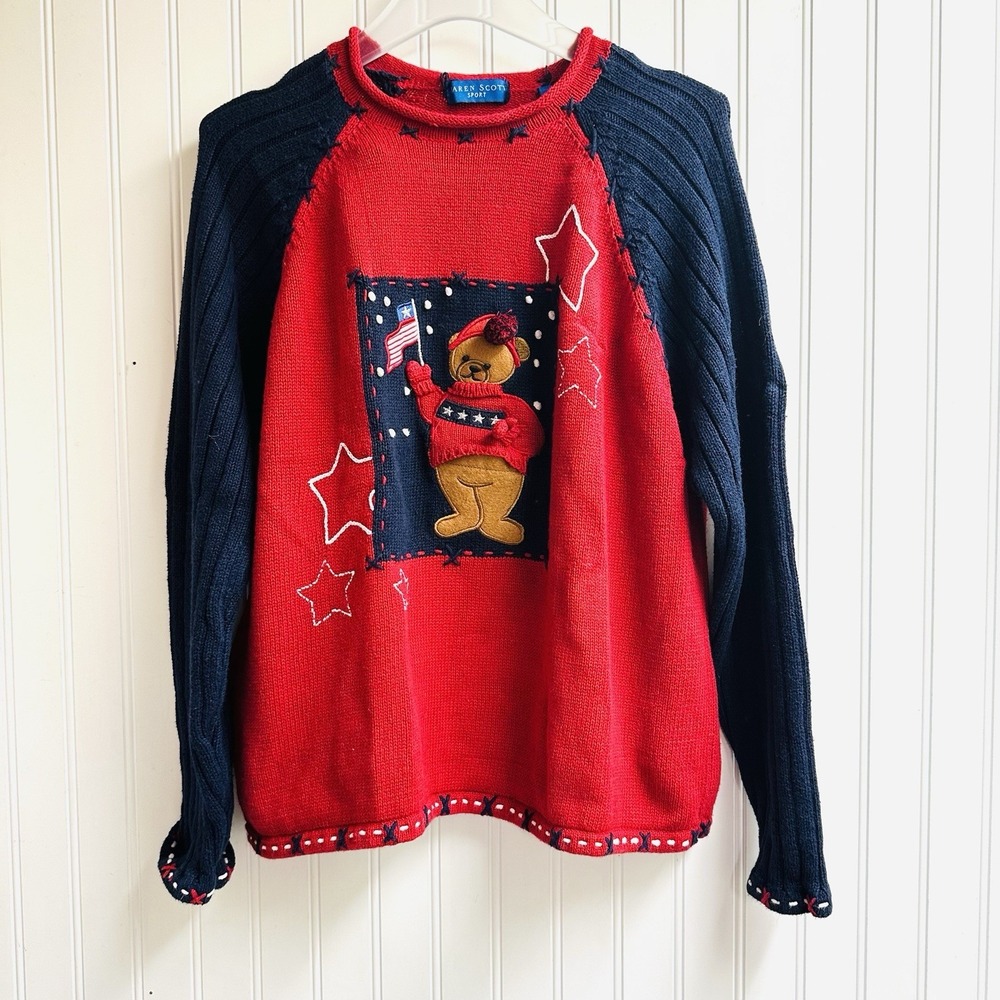 Karen Scott Sport Large Red White Blue Sweater USA‎ Flag July 4th Bear Cotton